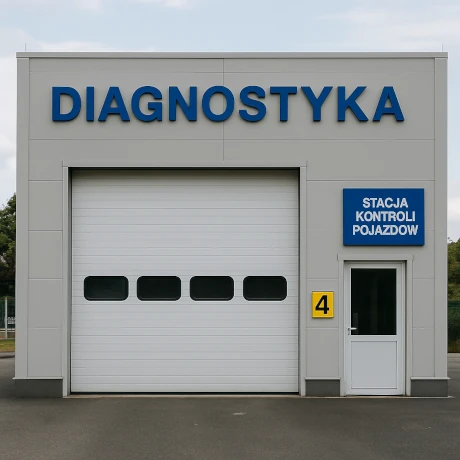 Zewnętrzny widok stacji kontroli pojazdów z dużymi drzwiami wjazdowymi i szyldem „Diagnostyka”.