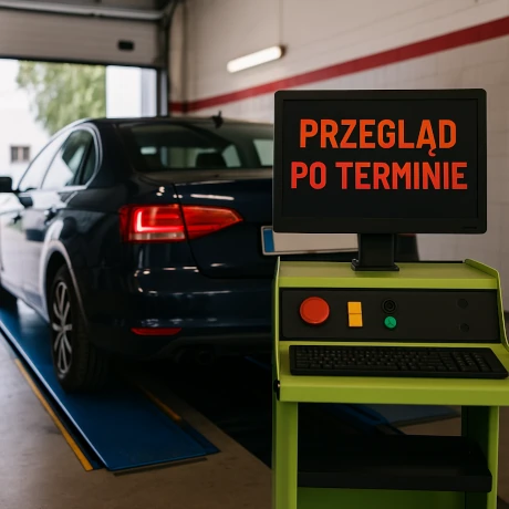 Samochód osobowy na stacji diagnostycznej podczas badania technicznego, przegląd po terminie.