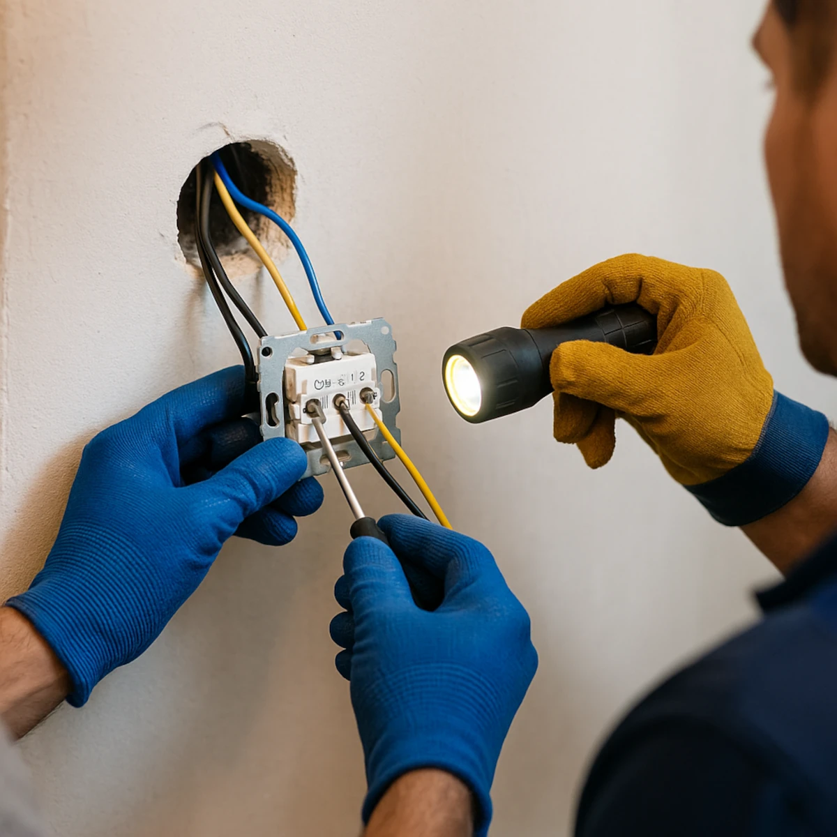 Montaż włącznika schodowego pojedynczego – dwie osoby; przewody do zacisków COM, 1 i 2; pomocnik oświetla latarką puszkę