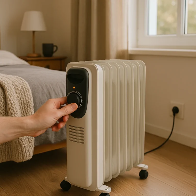 nagrzewnica elektryczna do domu – grzejnik olejowy w sypialni pod oknem, regulacja termostatu, bezpieczny dystans od zasłon