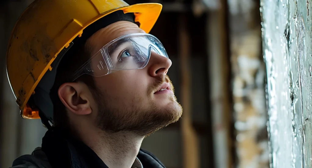 Pracownik budowlany w kasku i okularach ochronnych patrzy w górę.
