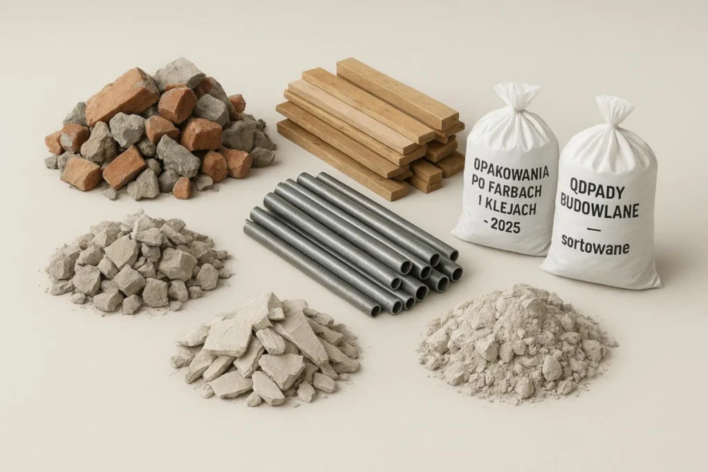 Posortowane odpady budowlane: gruz, cegły, beton, drewno, rury metalowe, worki po farbach i klejach