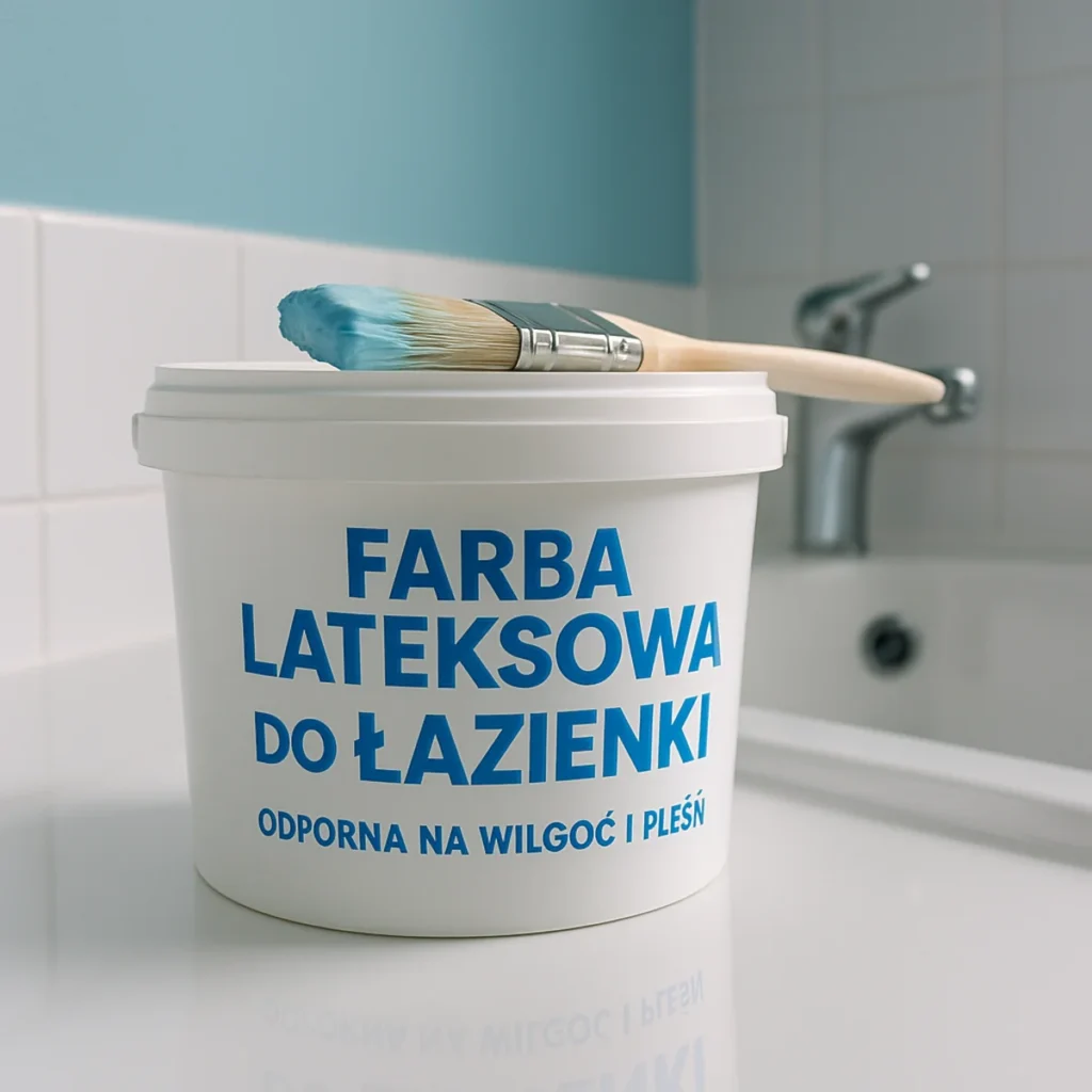 Otwarta puszka z jasnoniebieską farbą lateksową i pędzlem w łazience