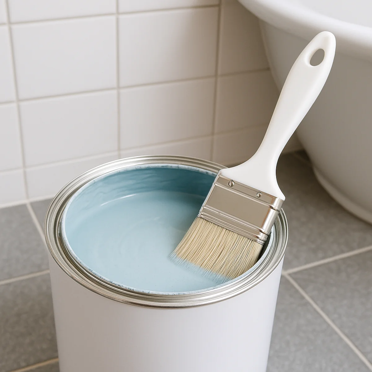 Otwarta puszka z jasnoniebieską farbą lateksową do łazienki i pędzlem na tle płytek