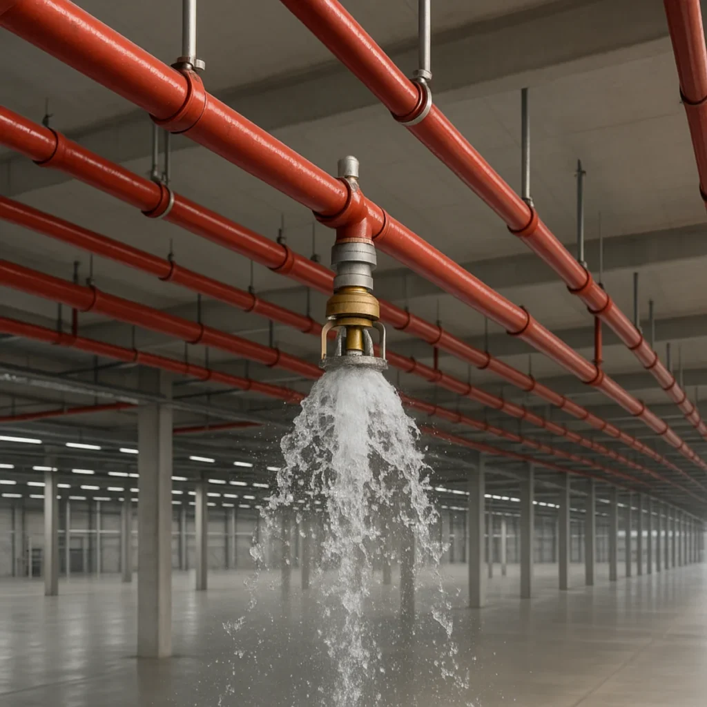 Aktywna instalacja tryskaczowa w nowoczesnej hali magazynowej – woda wypływa z głowicy tryskacza, chroniąc obiekt przed pożarem