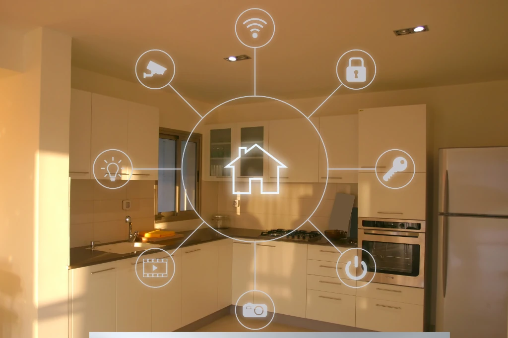 Inteligentny system oświetlenia w nowoczesnej kuchni – wizualizacja działania włączników dotykowych i smart home.