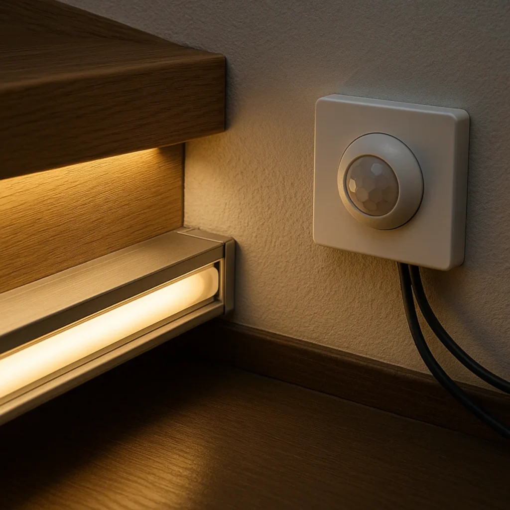 Oświetlenie schodów LED z czujnikiem ruchu – zbliżenie profilu aluminiowego i czujnika PIR na ścianie