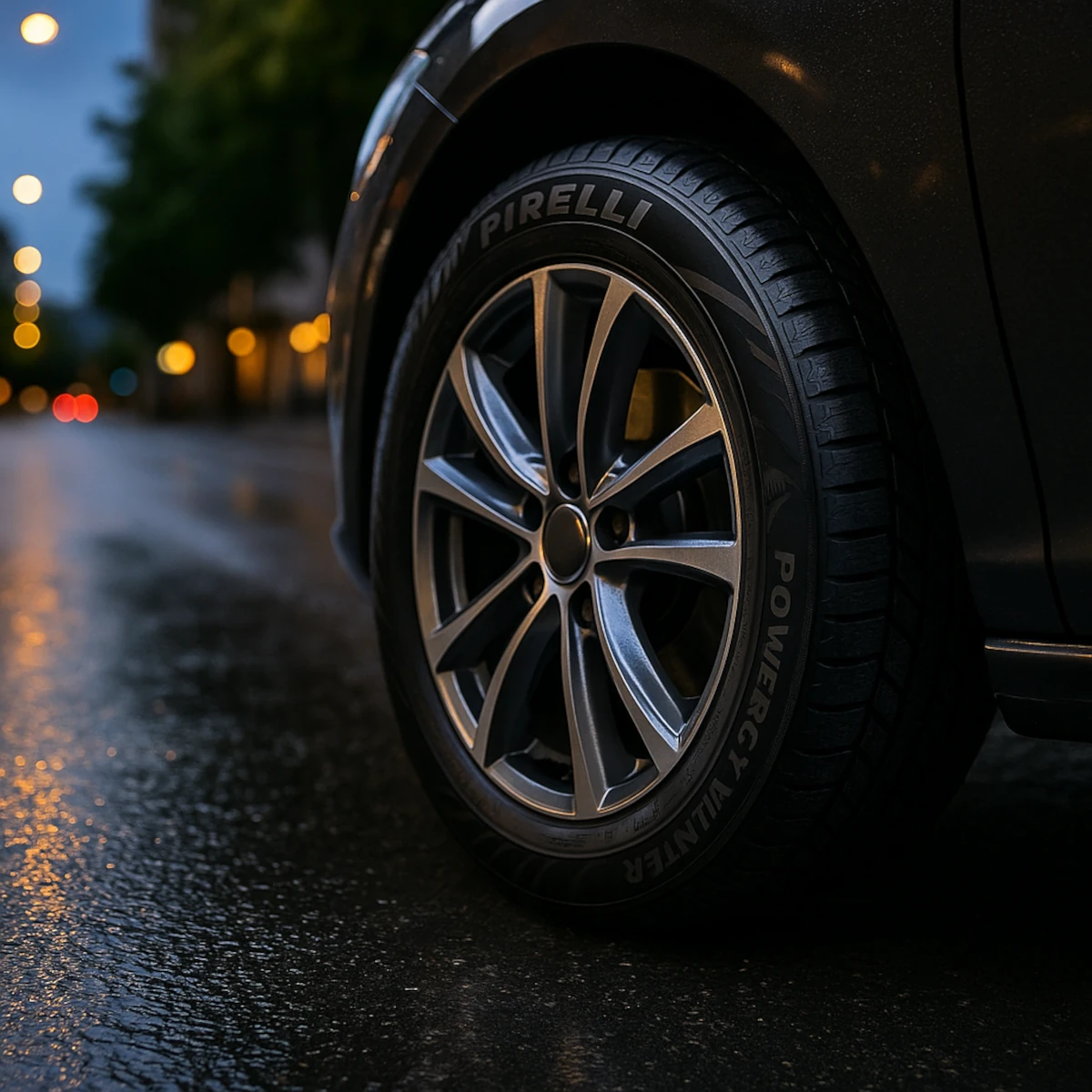 Pirelli Powergy Winter na aluminiowej feldze – zbliżenie koła na mokrym asfalcie w mieście o zmierzchu