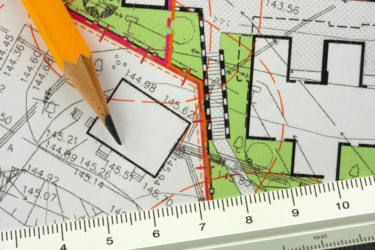 Plan zagospodarowania terenu – mapa z oznaczeniami wysokości, ołówek i linijka na planie budowlanym podczas przygotowania projektu