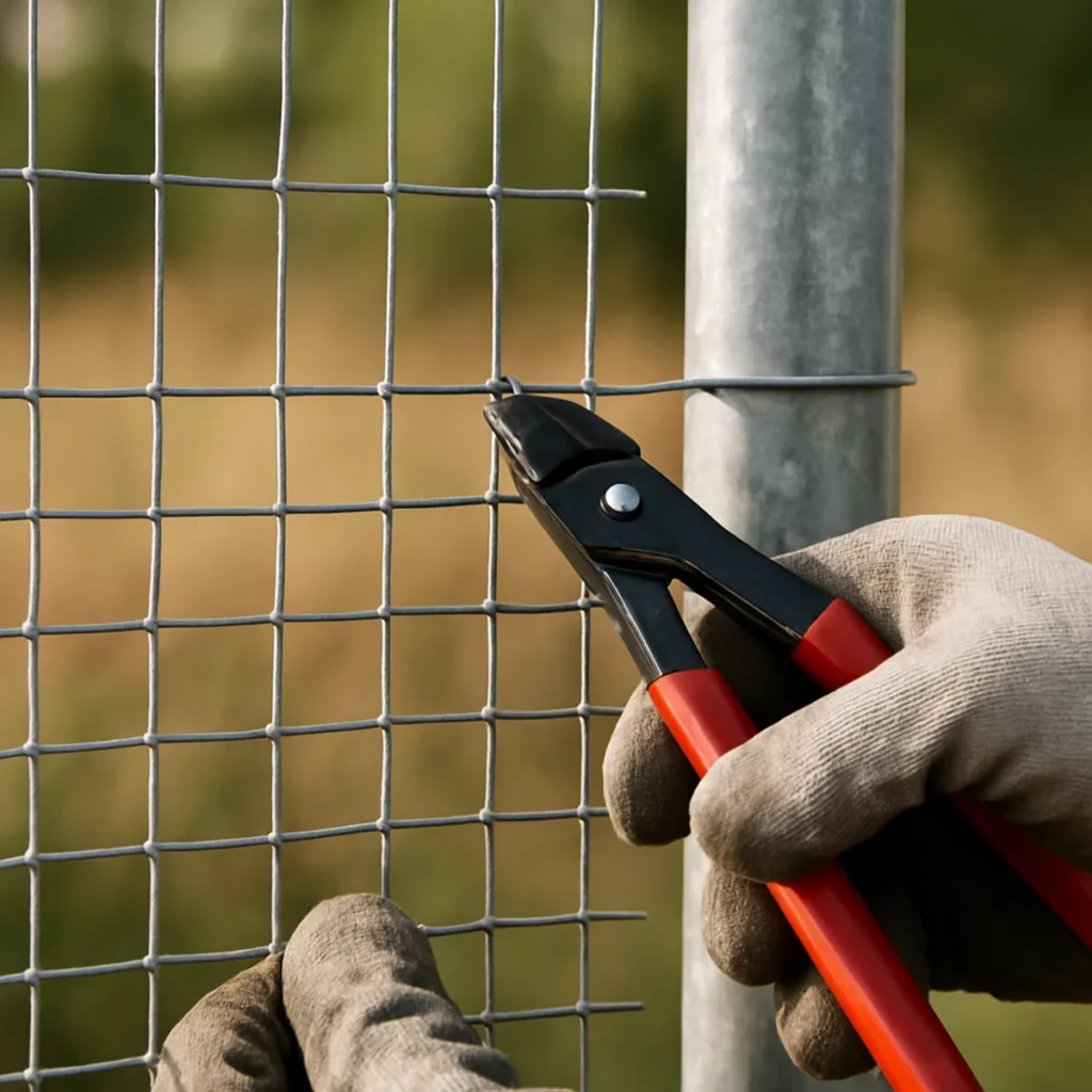 Siatka na woliery z prawidłowym zakładem 25 mm mocowana hog ringami do linki stalowej na słupie ocynkowanym, realistyczne ujęcie dłoni w rękawicach.