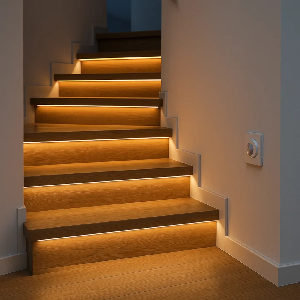 Oświetlenie schodów LED z czujnikiem ruchu – taśmy w profilach pod noskiem, ciepła barwa 3000 K, PIR na ścianie