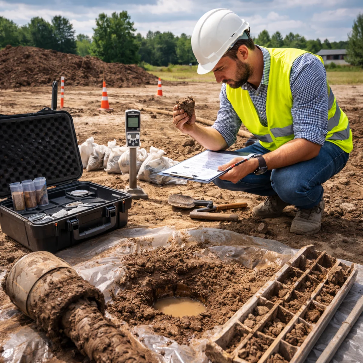Badania geotechniczne działki – geotechnik ocenia próbkę gruntu przed budową domu