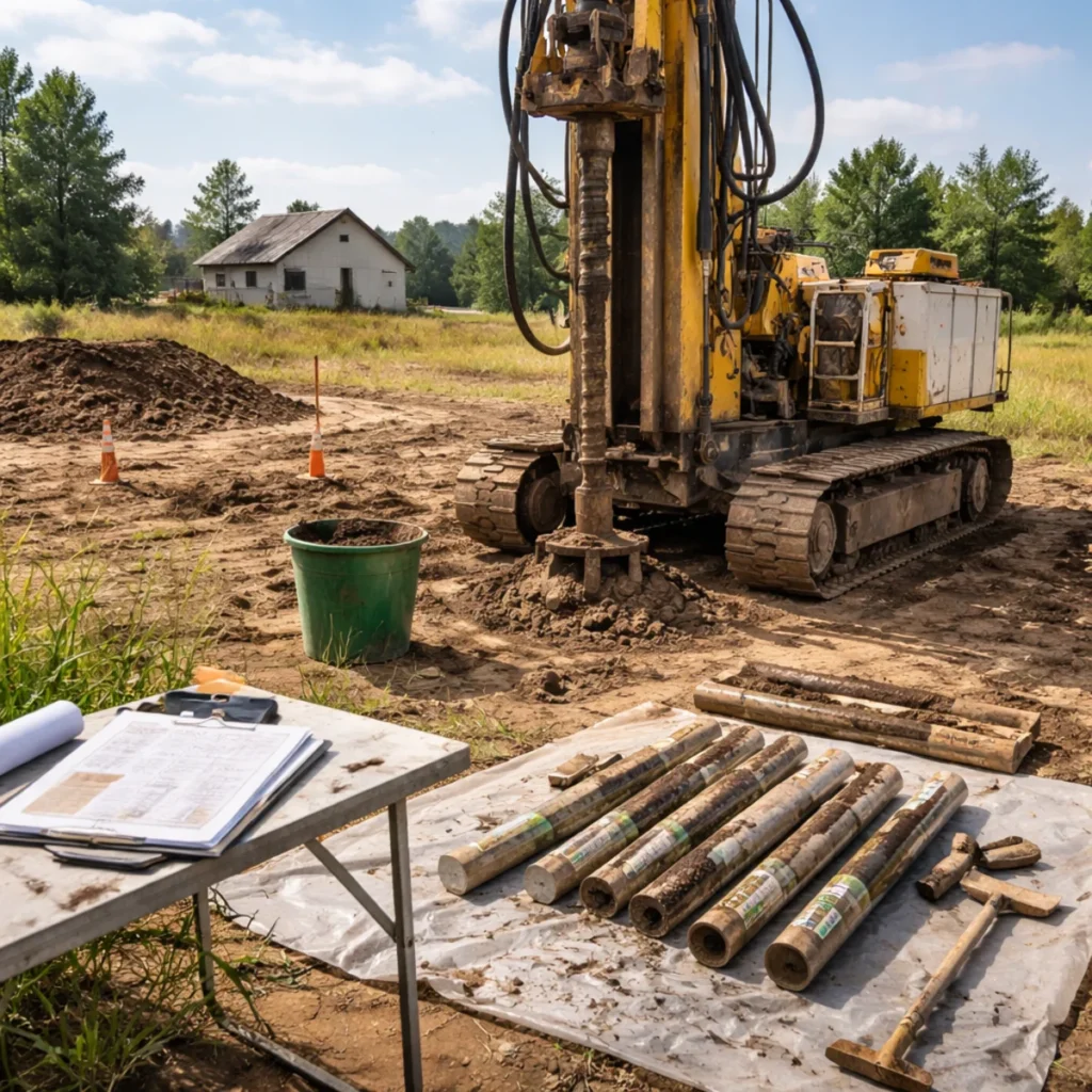 Badania geotechniczne działki – wiertnica i próbki gruntu przed budową domu