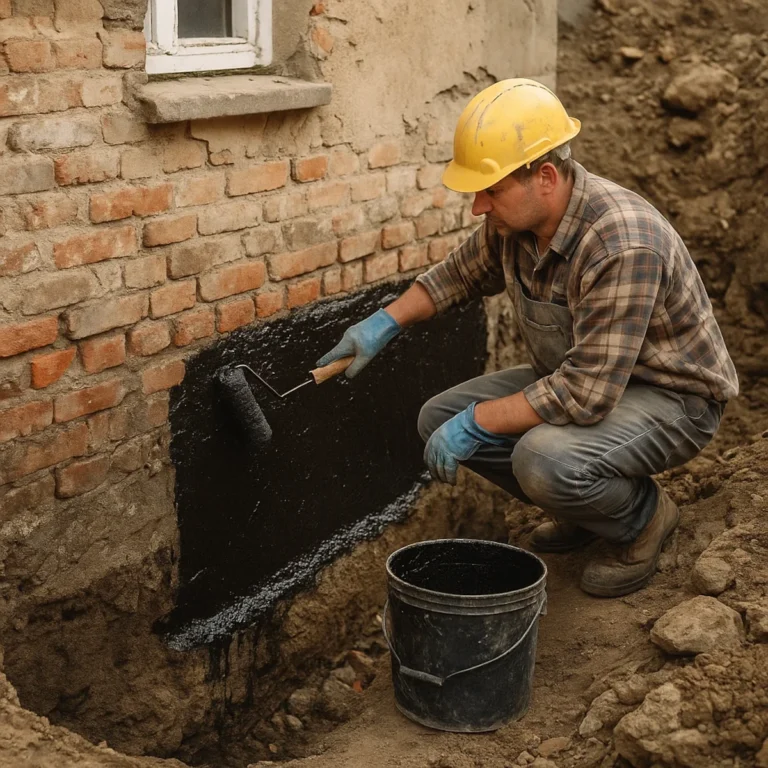 Hydroizolacja fundamentów w starym domu – nakładanie masy uszczelniającej na oczyszczony mur w wykopie