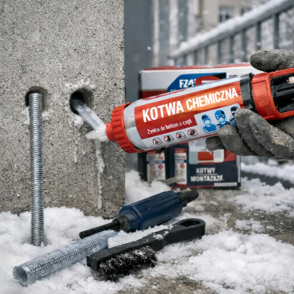 Kotwy chemiczne montaż w zimie – aplikacja żywicy do otworu w betonie i przygotowanie pręta gwintowanego