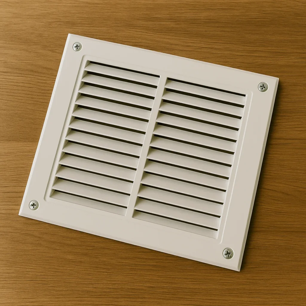 Kwadratowa kratka wentylacyjna przed montażem położona na drewnianym blacie