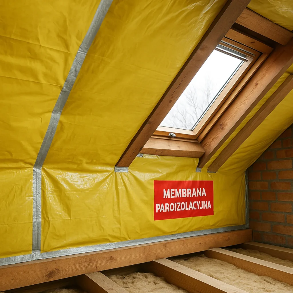 Paroizolacja poddasza przy oknie dachowym – szczelne łączenia folii taśmą