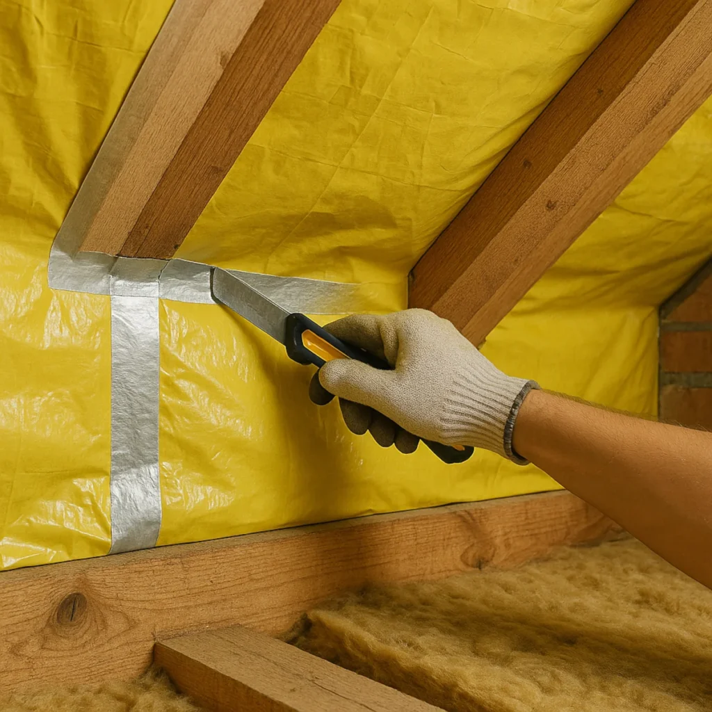 Uszczelnianie narożnika paroizolacji poddasza taśmą – detal szczelności