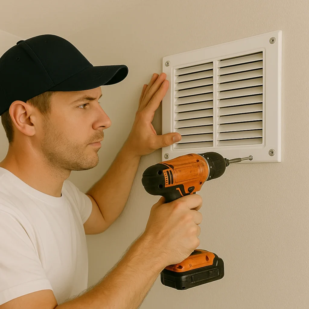 Prawidłowy montaż kwadratowej kratki wentylacyjnej na ścianie za pomocą wkrętarki