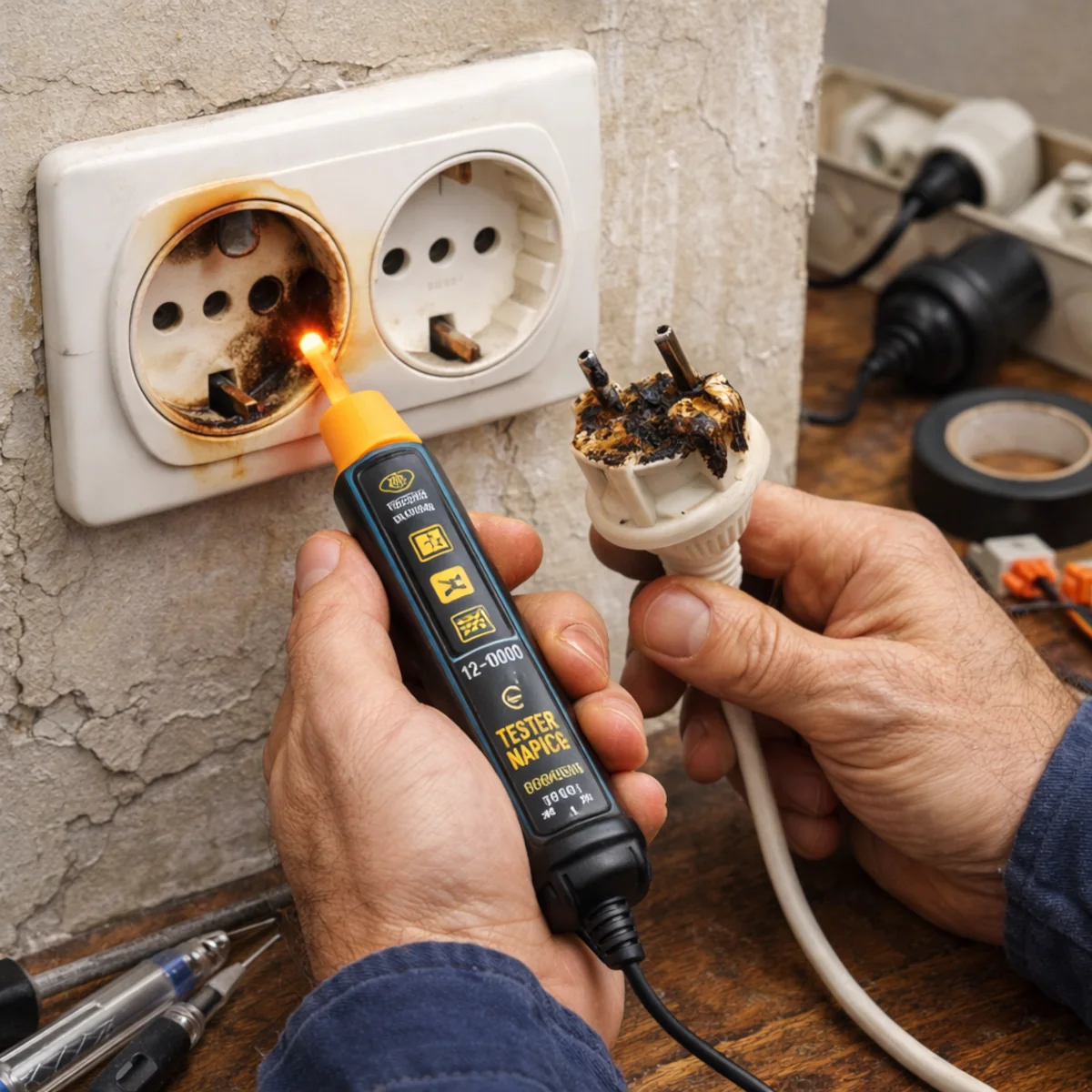 Przegląd instalacji elektrycznej w domu – przypalone gniazdko i test napięcia przy usterce