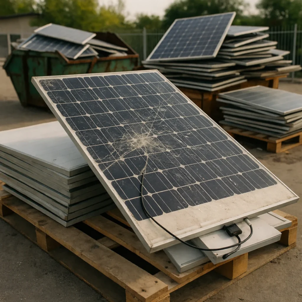 Recykling paneli fotowoltaicznych – zdemontowane moduły na paletach