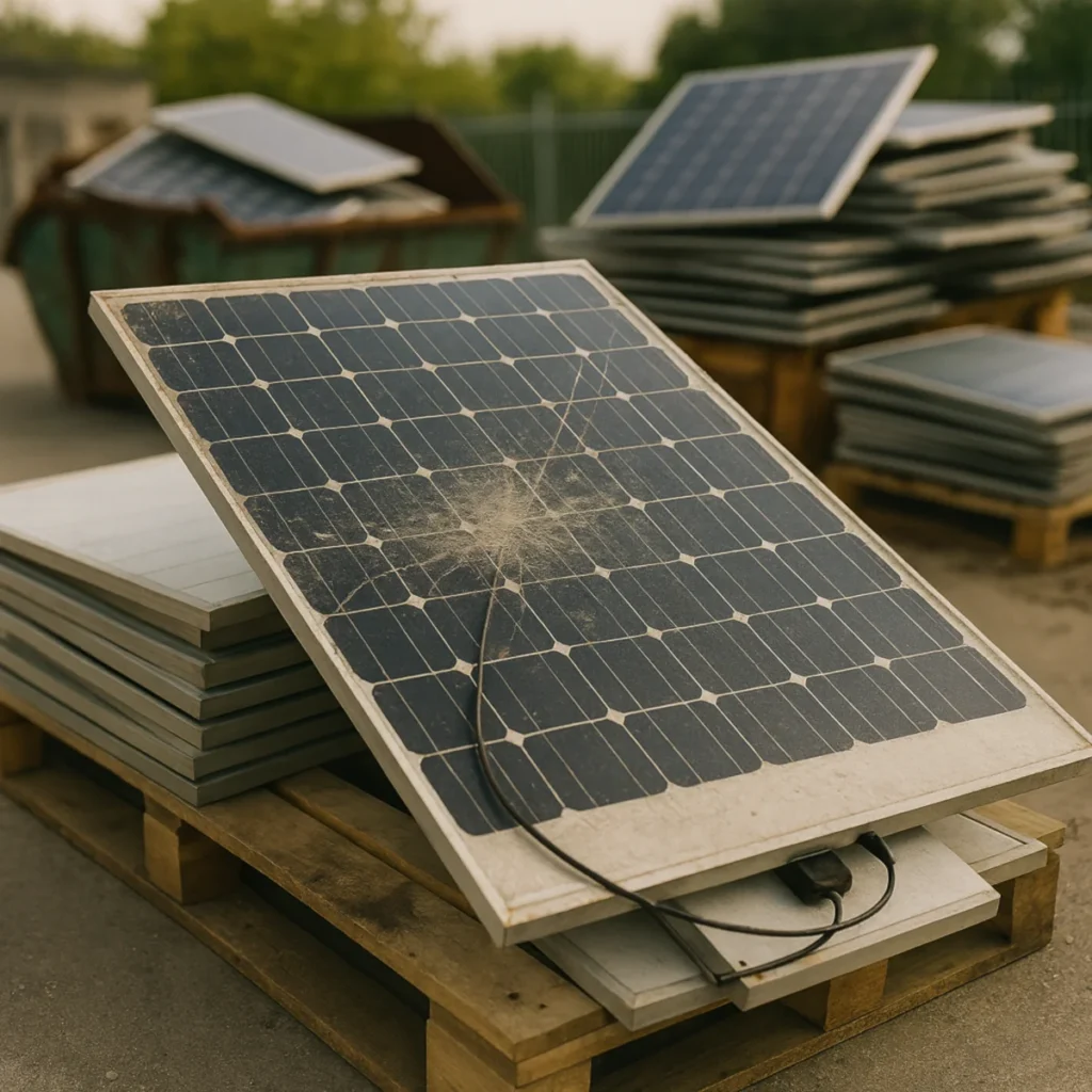 Recykling paneli fotowoltaicznych – pęknięty panel po demontażu