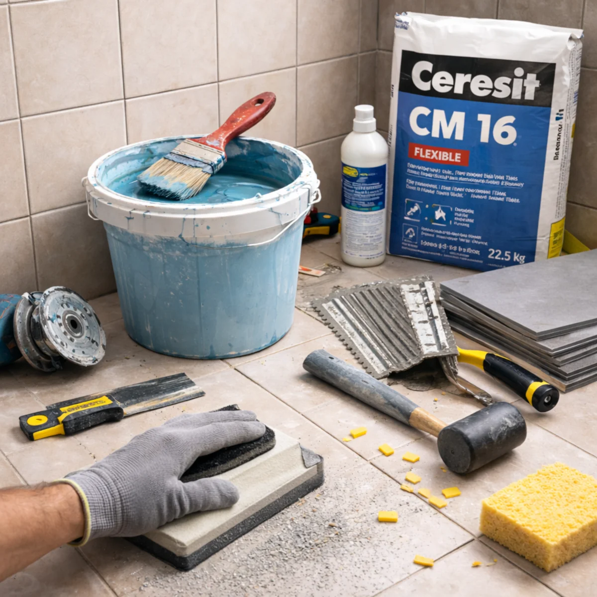 Przygotowanie starych płytek pod nowe – matowienie powierzchni i klej Ceresit CM 16 Flexible 22,5 kg w łazience