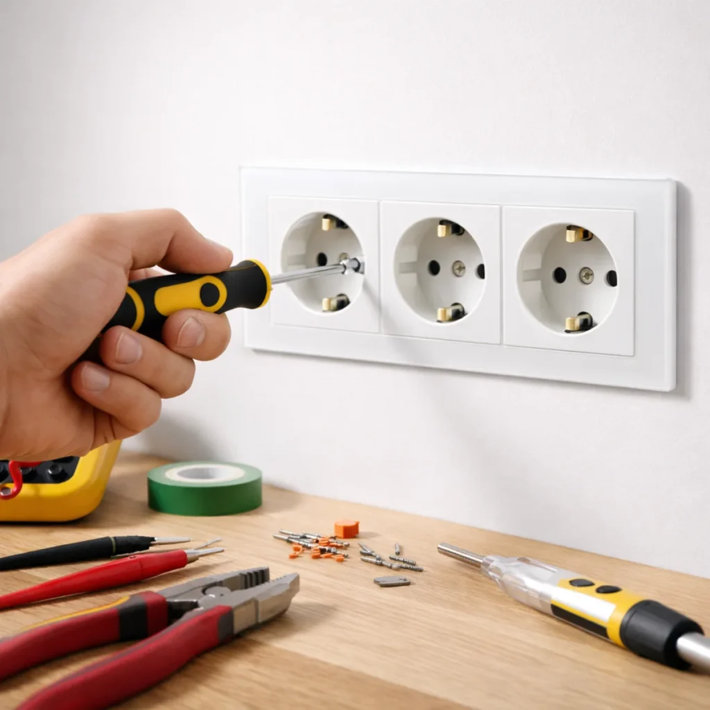 Montaż gniazda potrójnego do jednej puszki – dokręcanie śruby w środkowym gnieździe