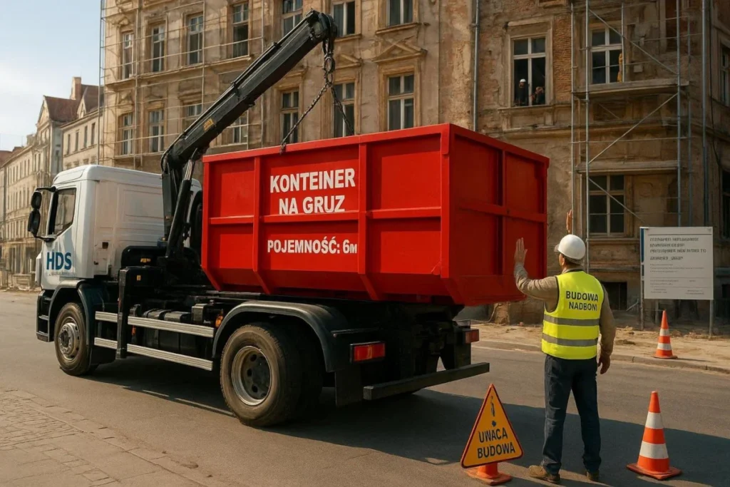Ciężarówka z HDS podnosi czerwony kontener na gruz 6 m³ przed remontowaną kamienicą, obok stoi pracownik budowy.
