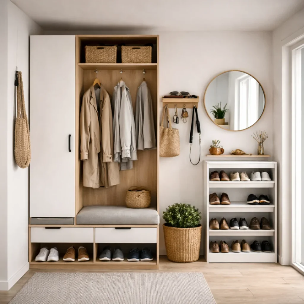 Minimalistyczny przedpokój z schowkami i organizerem na klucze – szafka na buty i ławka w jasnej aranżacji