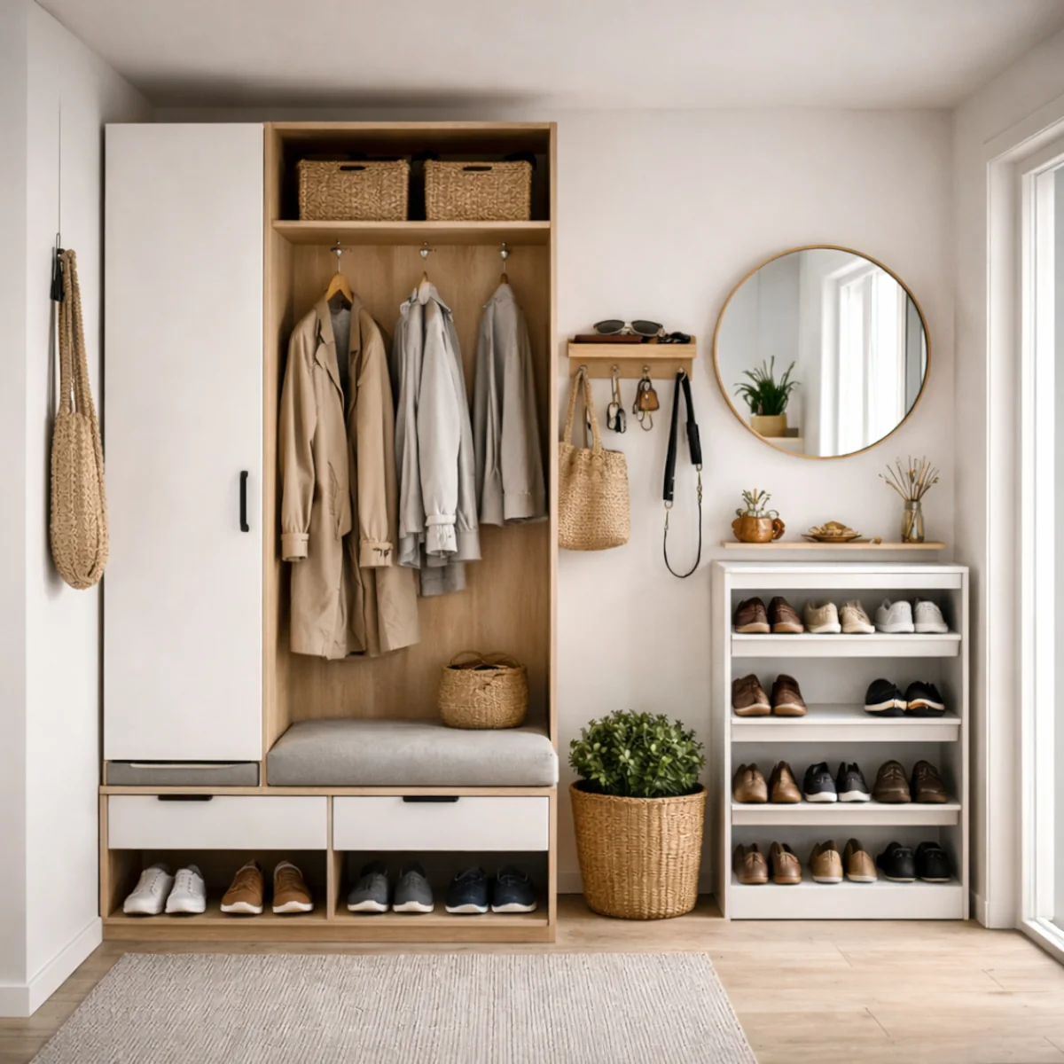 Minimalistyczny przedpokój z schowkami i organizerem na klucze – szafka na buty i ławka w jasnej aranżacji