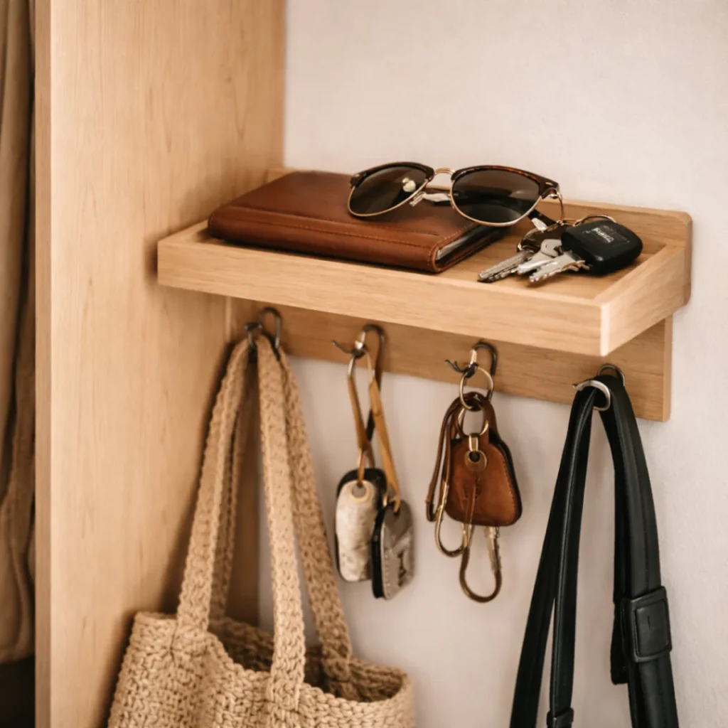 Drewniany organizer na klucze w przedpokoju – półka na drobiazgi i haczyki na torby