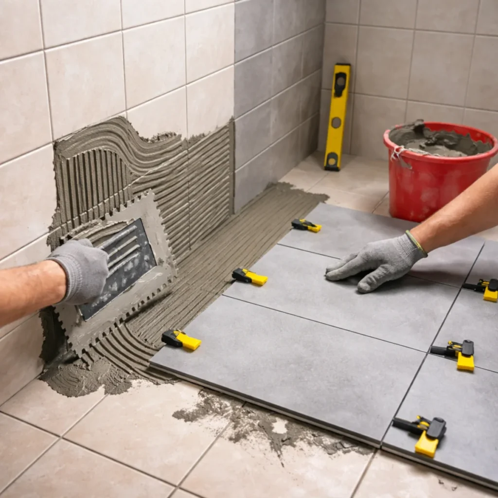 Płytki na stare płytki w łazience – rozprowadzanie kleju pacą zębatą i montaż dużej płytki z klipsami poziomującymi