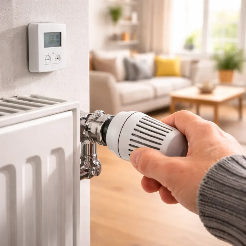 Regulacja głowicy termostatycznej na grzejniku w salonie, oszczędzanie na ogrzewaniu