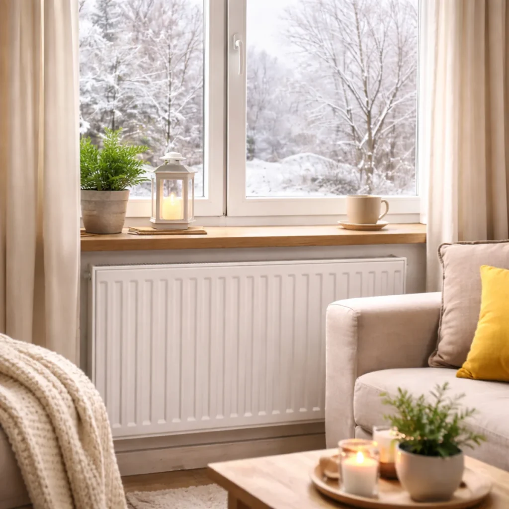 Salon zimą z grzejnikiem pod oknem i widokiem na śnieg, domowe ogrzewanie