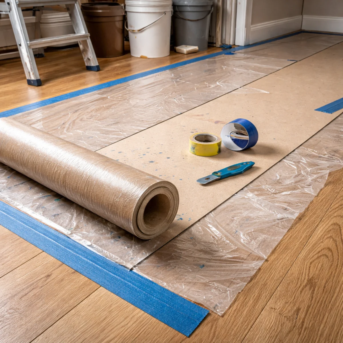Tektura budowlana z folią rozłożona na panelach jako ochrona podłogi podczas remontu