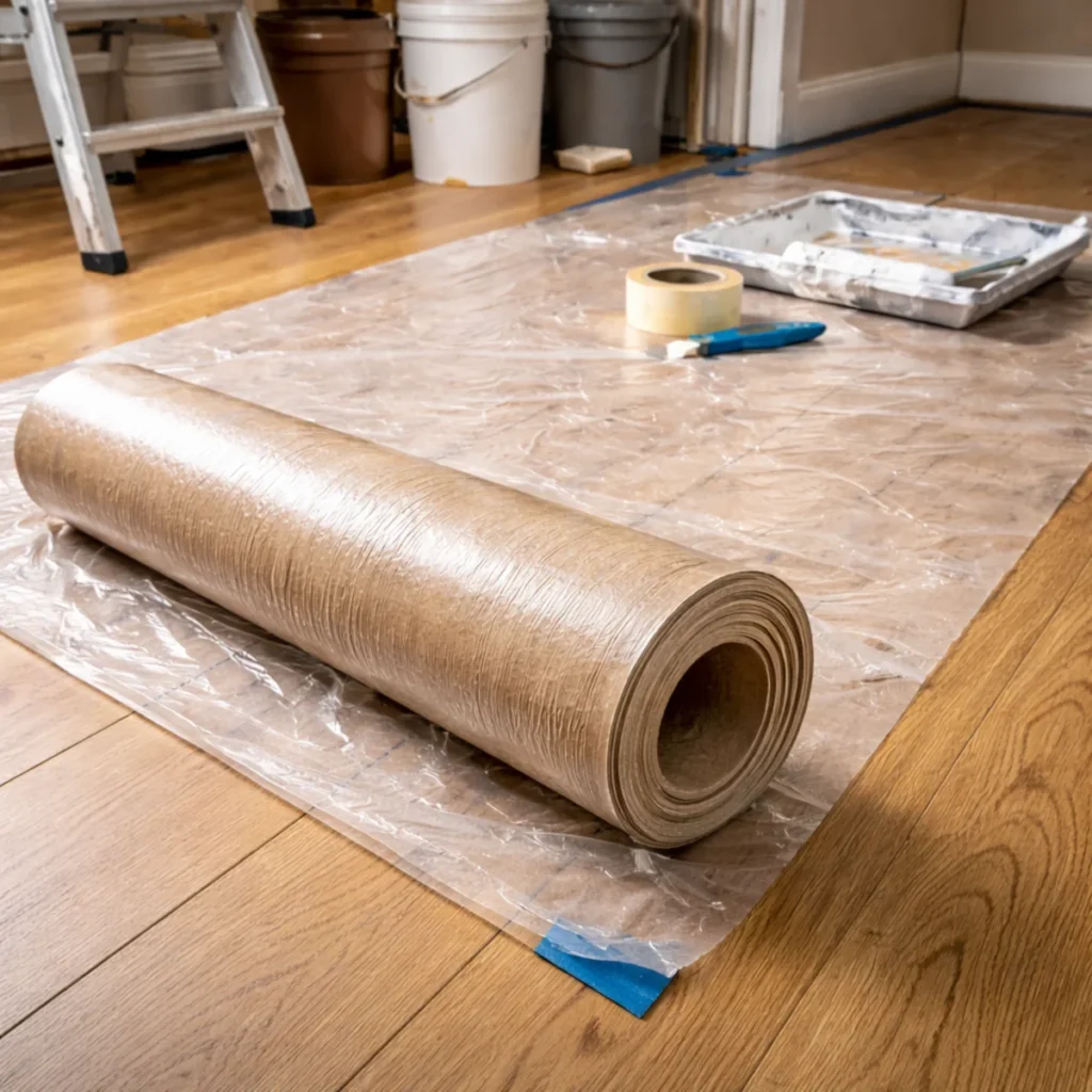 Zrolowana tektura budowlana z folią przygotowana do zabezpieczenia podłogi na remoncie