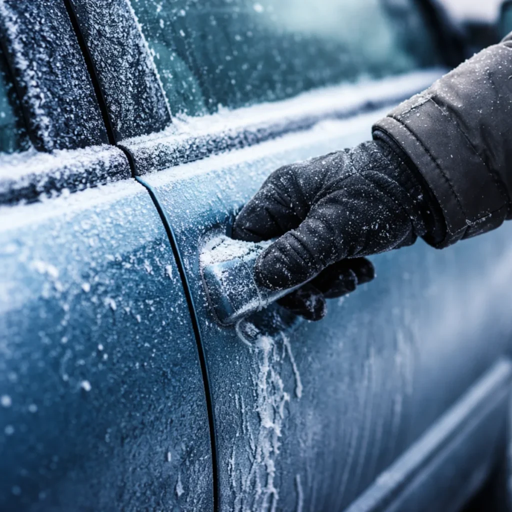Zamarznięta klamka w samochodzie – próba otwarcia drzwi auta w mrozie