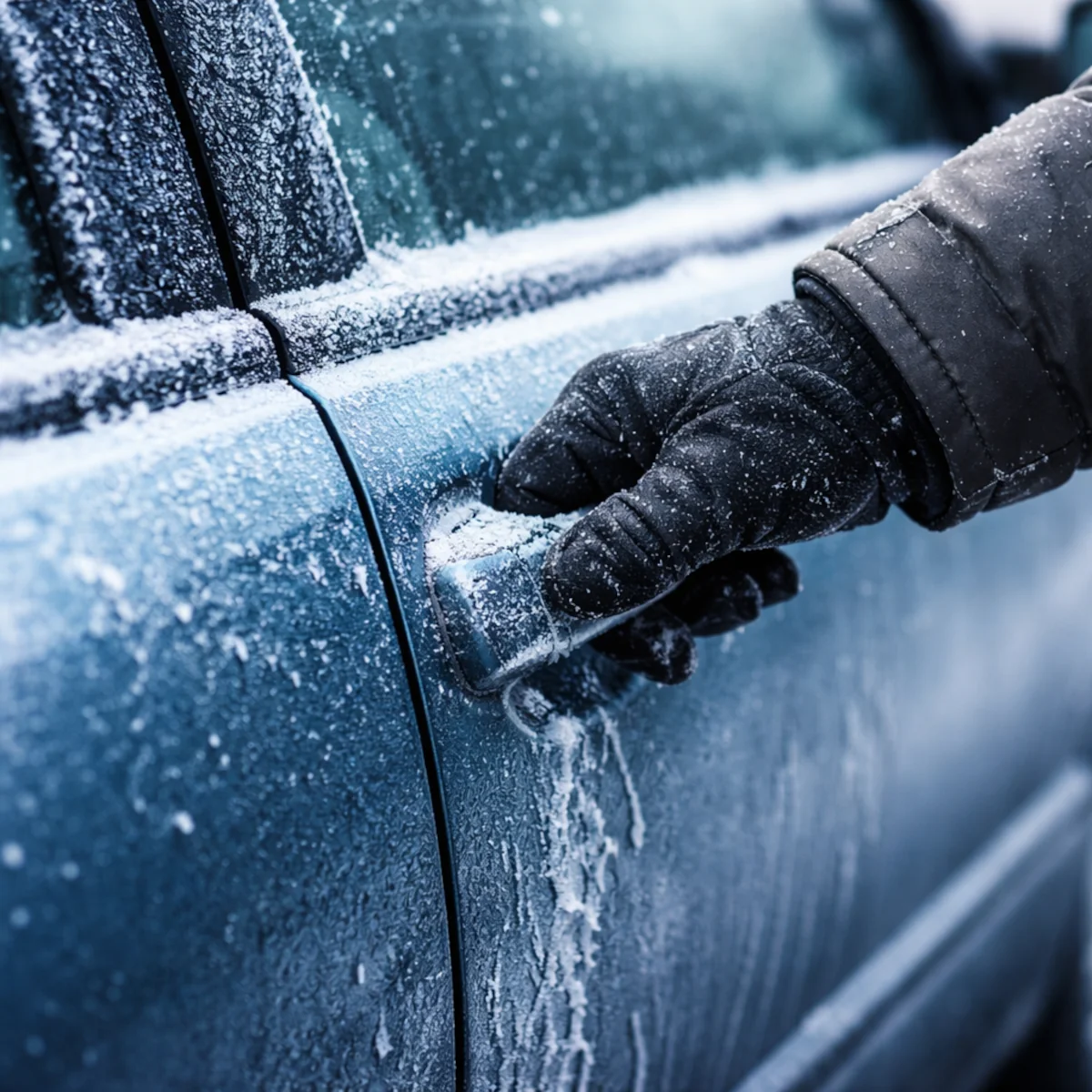 Zamarznięta klamka w samochodzie – próba otwarcia drzwi auta w mrozie