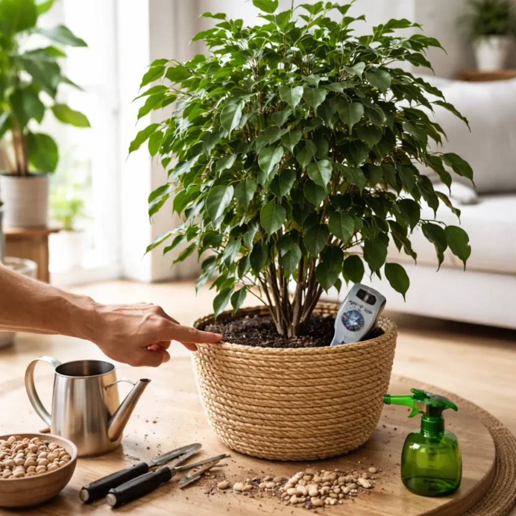 Fikus benjamin w domu podczas sprawdzania wilgotności ziemi przed podlewaniem