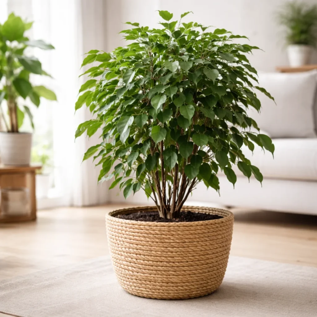 Fikus benjamin w doniczce w jasnym miejscu w salonie, bez przeciągów