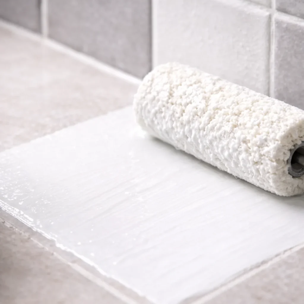 Zbliżenie na malowanie płytek wałkiem, świeża biała farba na kafelkach i fudze