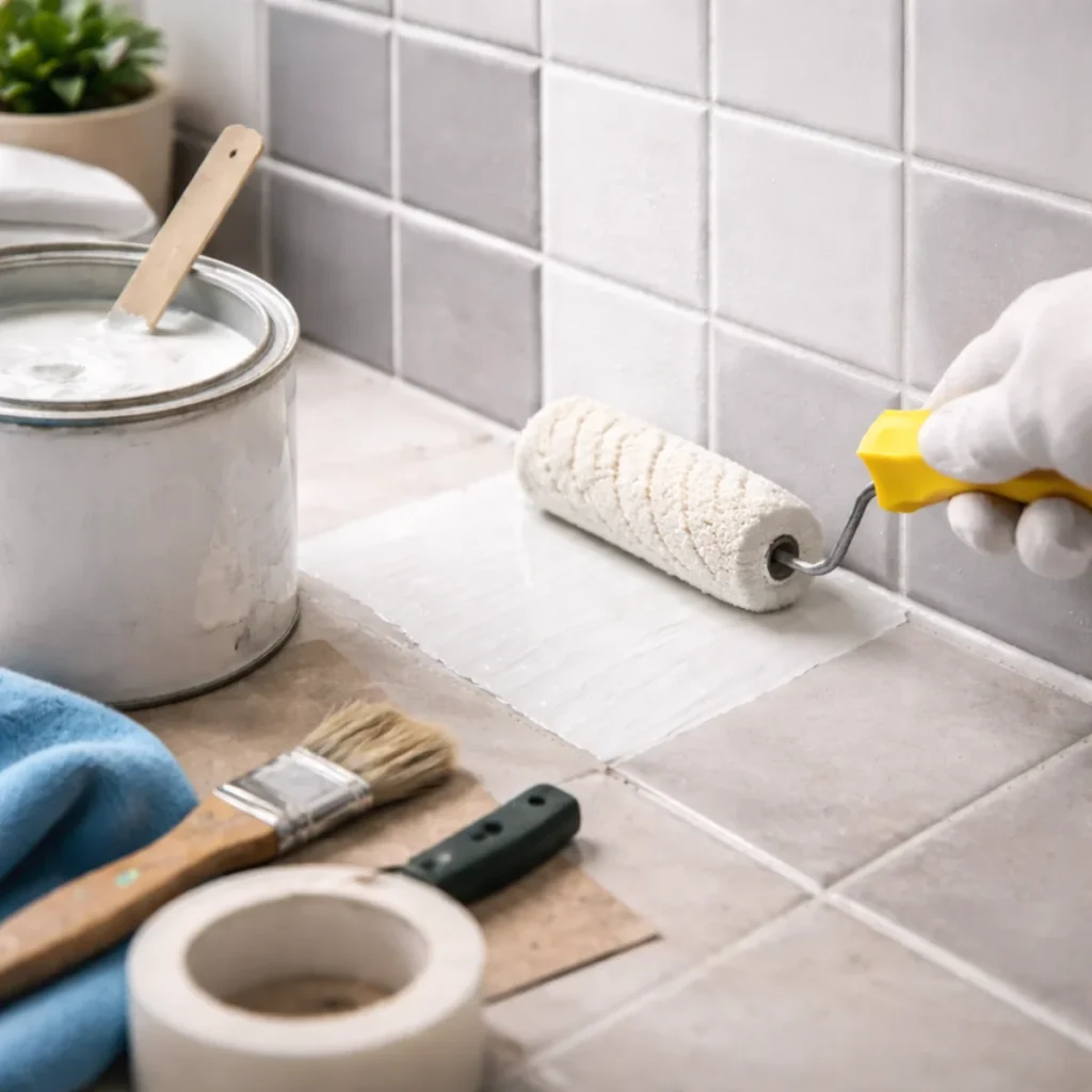 Zbliżenie na mokrą farbę na płytkach i wałek podczas malowania, widoczna struktura powłoki