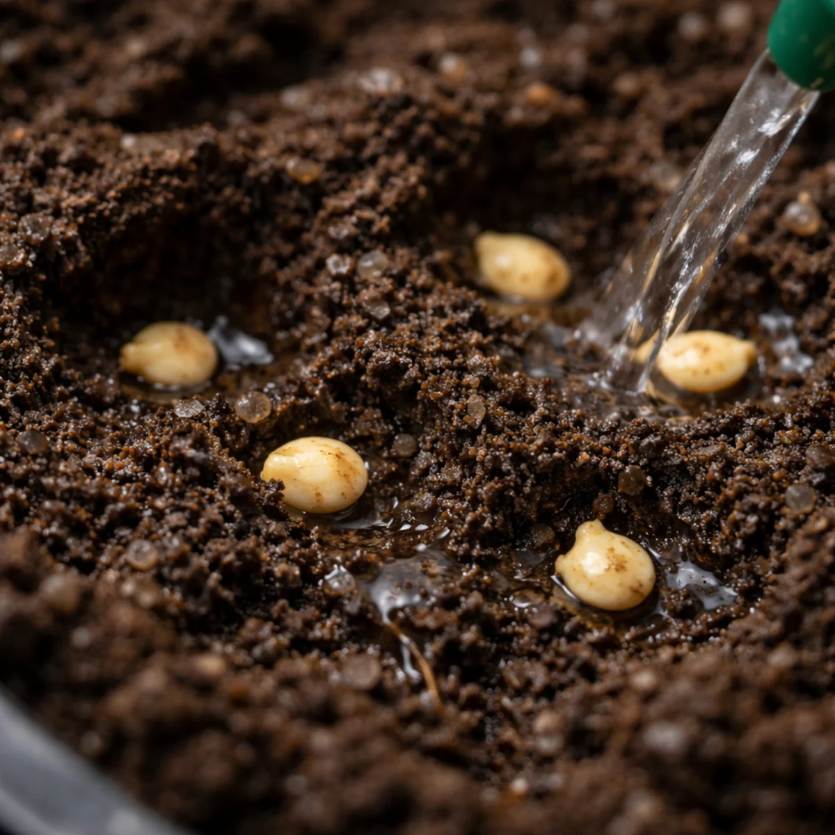 Ziarna papryki w wilgotnej ziemi po siewie, podlewane wodą – zbliżenie makro