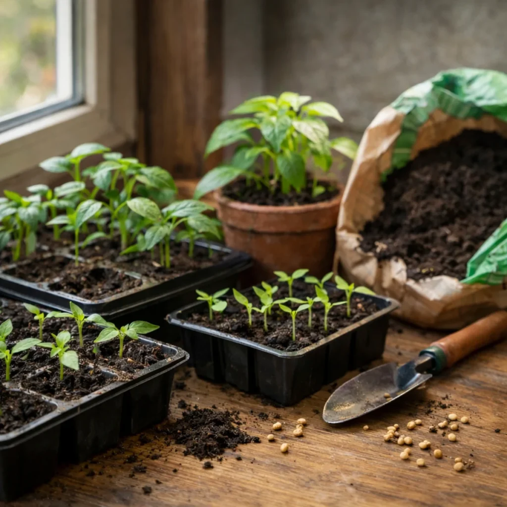 Rozsada papryki w plastikowych tackach z ziemią na stole, obok torba ziemi i łopatka