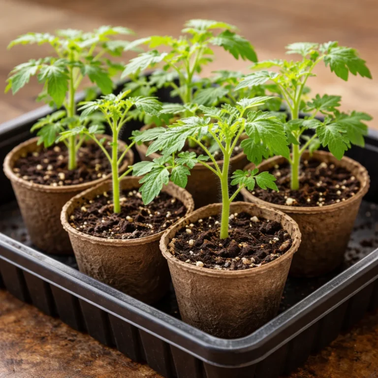 Sadzonki pomidorów w doniczkach torfowych, gotowe do pikowania i dalszej uprawy