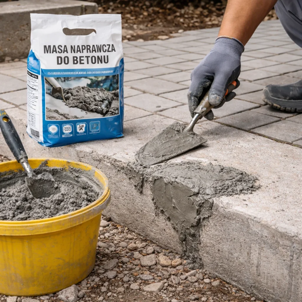 Nakładanie masy naprawczej do betonu na uszkodzoną krawędź stopnia