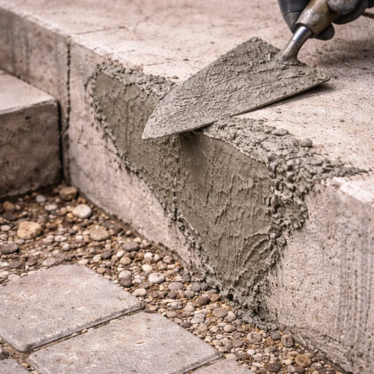 Zbliżenie na świeżą masę naprawczą do betonu wygładzaną pacą