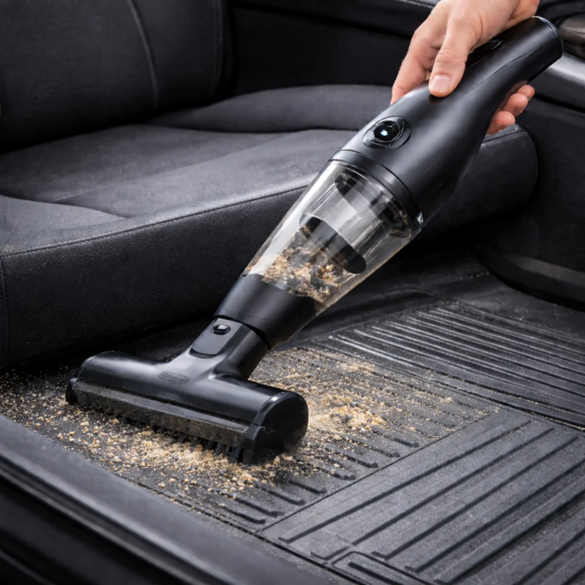 Mini odkurzacz do auta odkurza piasek z gumowej wycieraczki w samochodzie