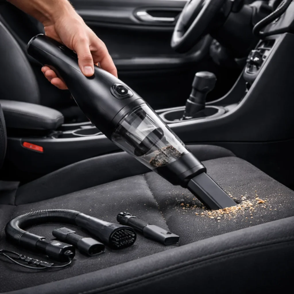 Mini odkurzacz do samochodu odkurza okruchy z tapicerki fotela, obok leżą końcówki